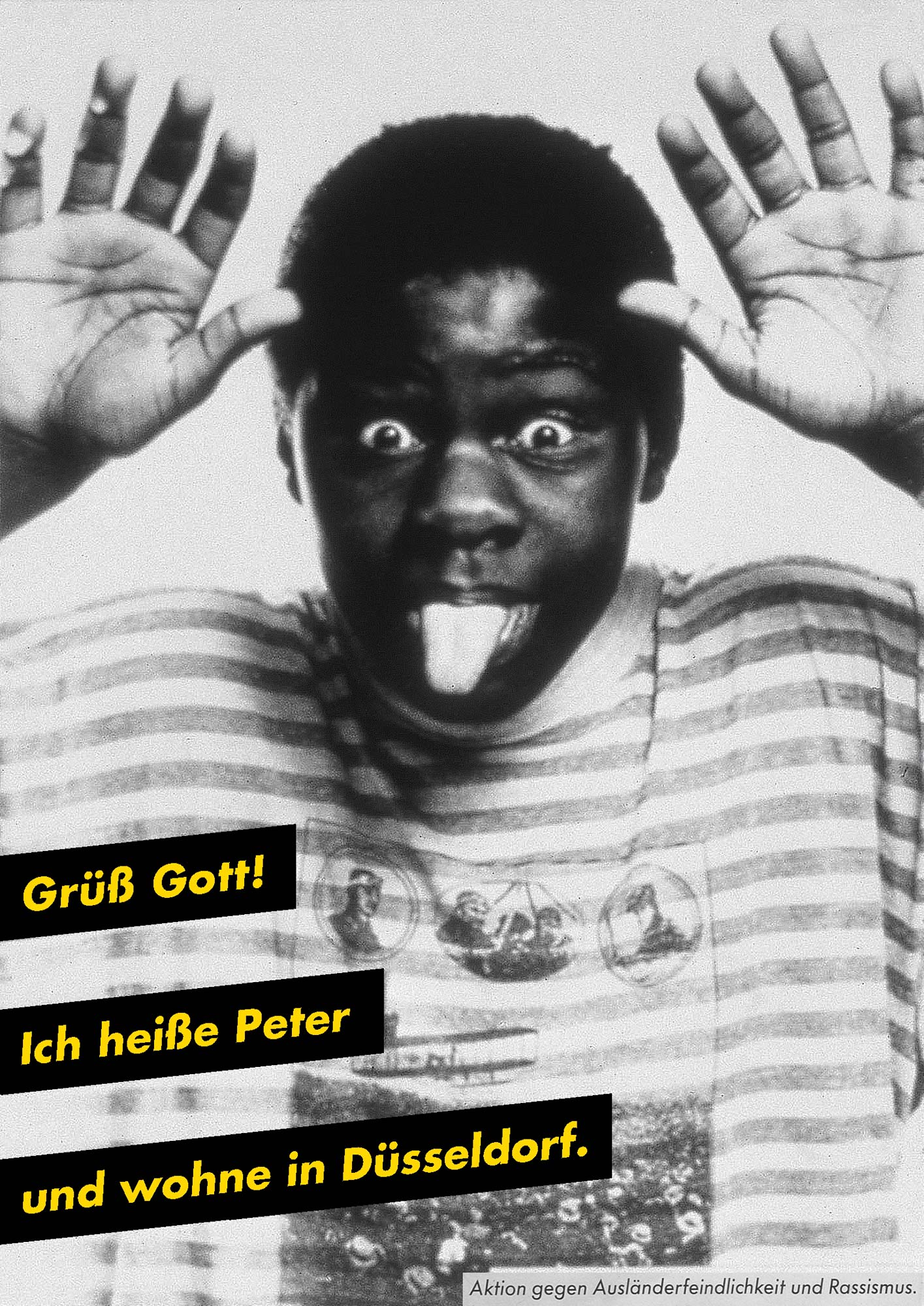 Gestaltet: Eva Cervinka, Udo Bechmann, Betreut: Uwe Loesch, Titel: Grüß Gott. Ich heiße Peter und wohne in Düsseldorf., Jahr: 1989